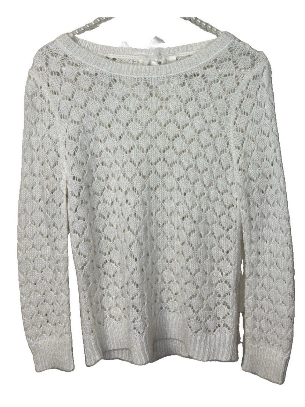 Cherokee Sweater Womens 1 White Excellent Open Knit Pointelle Satin Back Bow